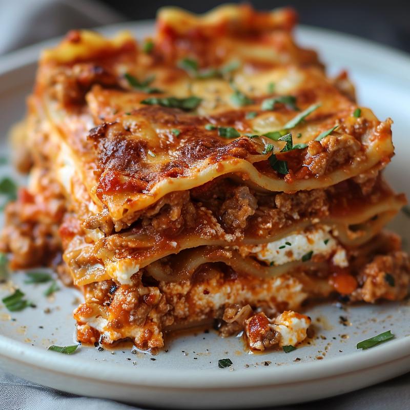 Close-up view of a slice of homemade lasagna with creamy ricotta cheese on a gray ceramic plate.