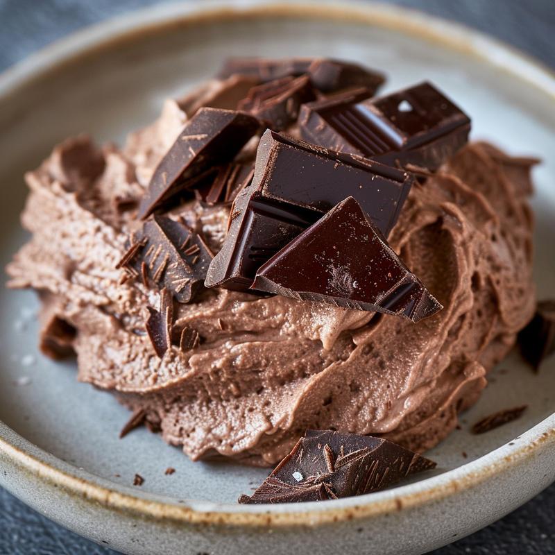 Close-up of chocolate mousse with visible yogurt texture on a light grey plate.