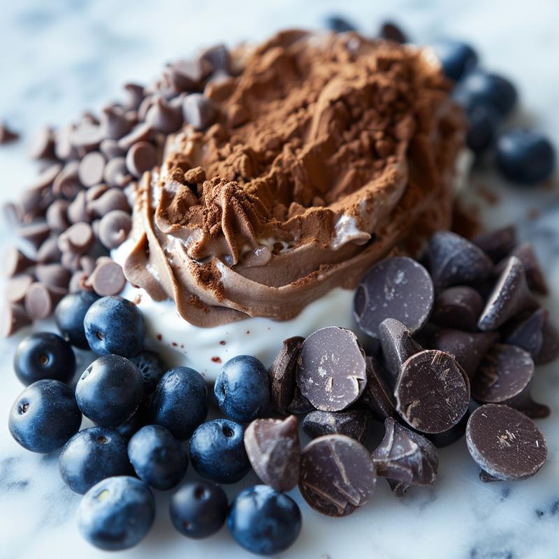 Close-up of chocolate Greek yogurt with toppings.