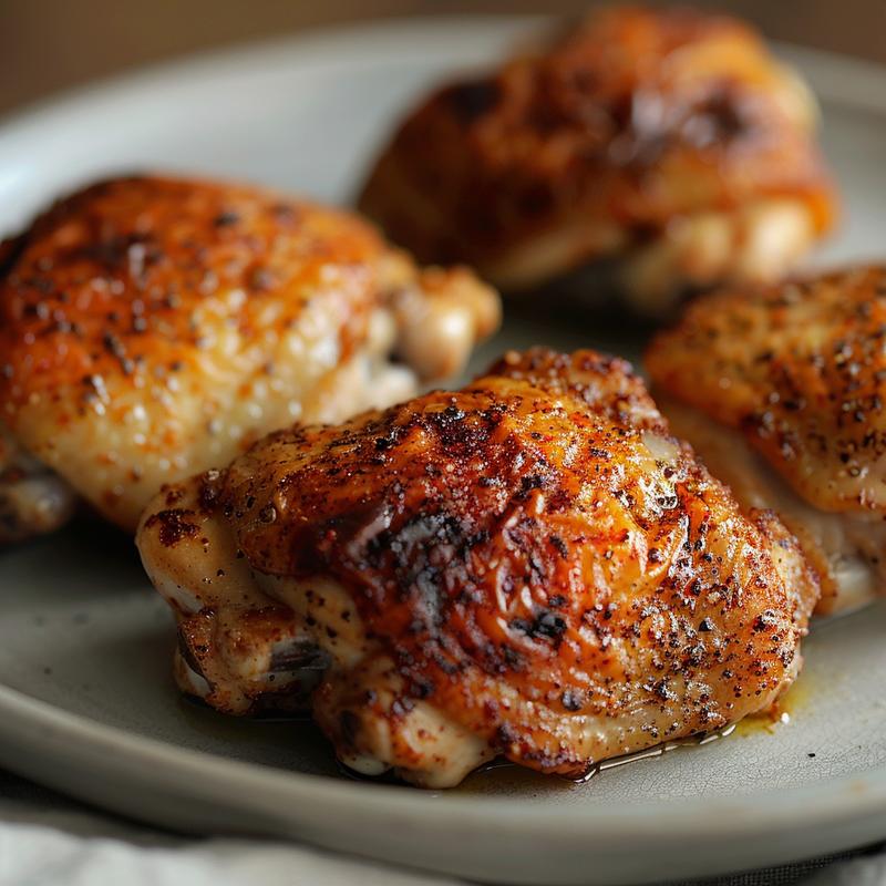 Close-up of seasoned oven-baked chicken thighs on a grey plate.
