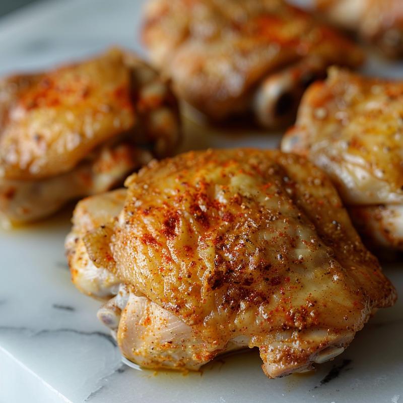Close-up of cooked chicken thighs on white marble.