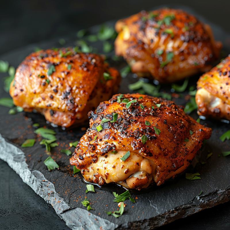 Close-up of seasoned air fryer chicken thighs on a slate plate.