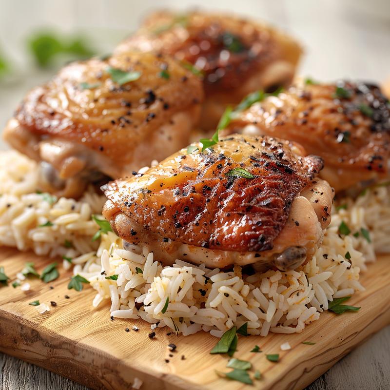 Close-up of seasoned chicken thighs and rice on a wooden board.