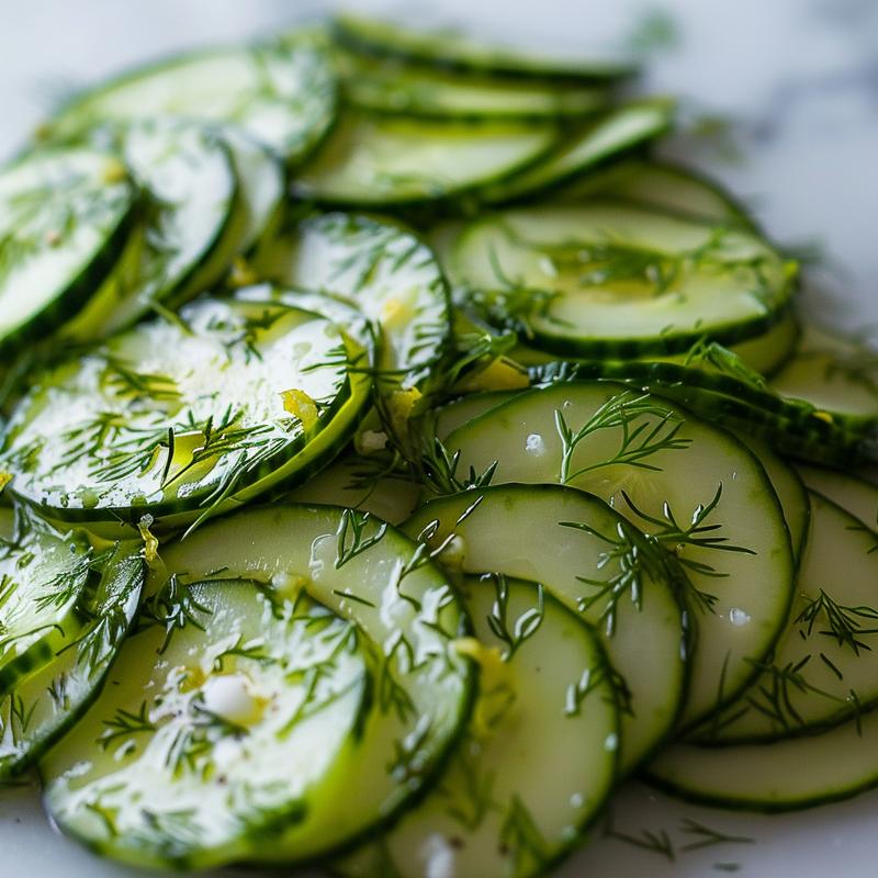 Close-up of cucumber yogurt salad with visible dill and lemon.