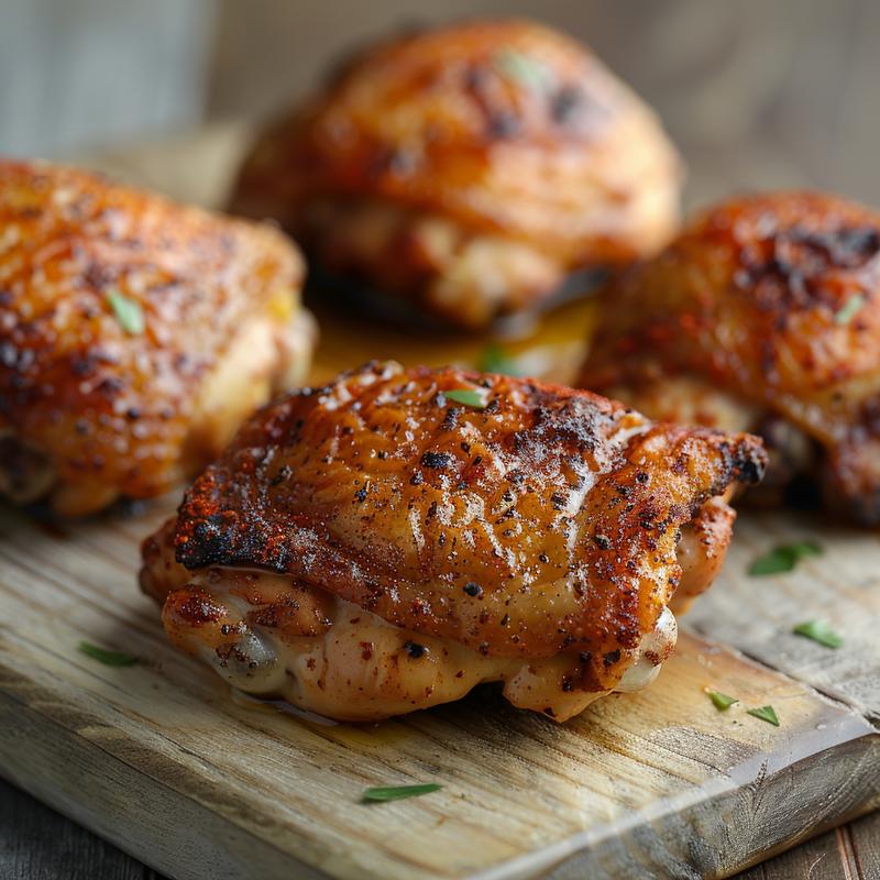 Close-up of seasoned chicken thighs on a wooden board.