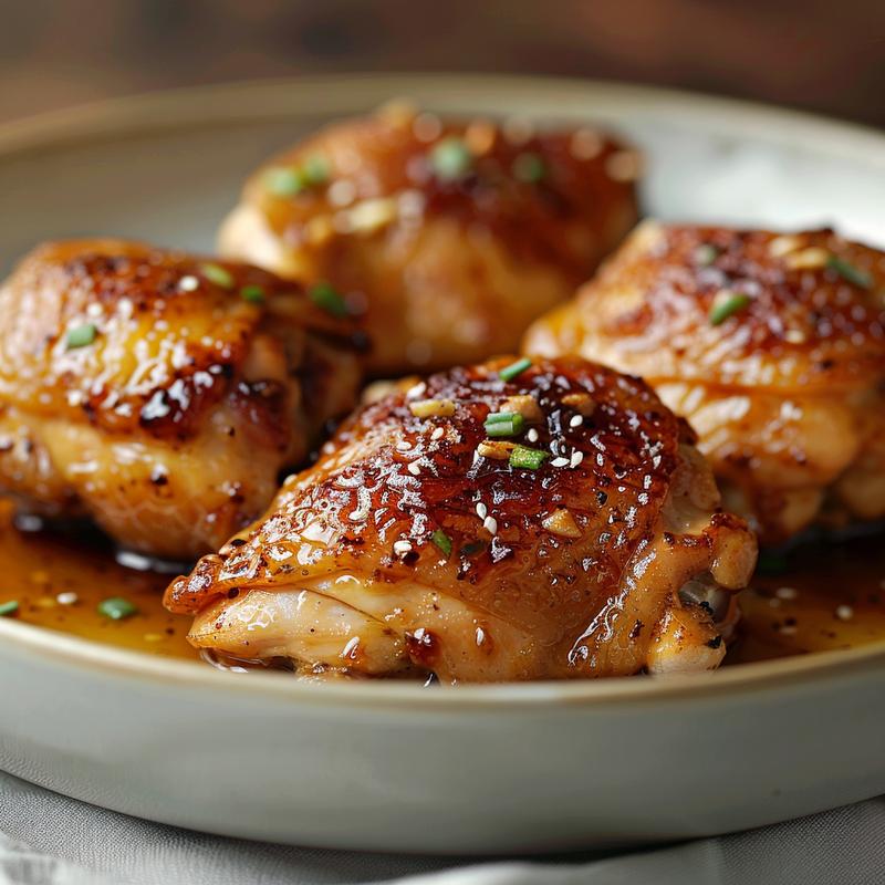 Close-up of glazed chicken thighs on a gray plate.