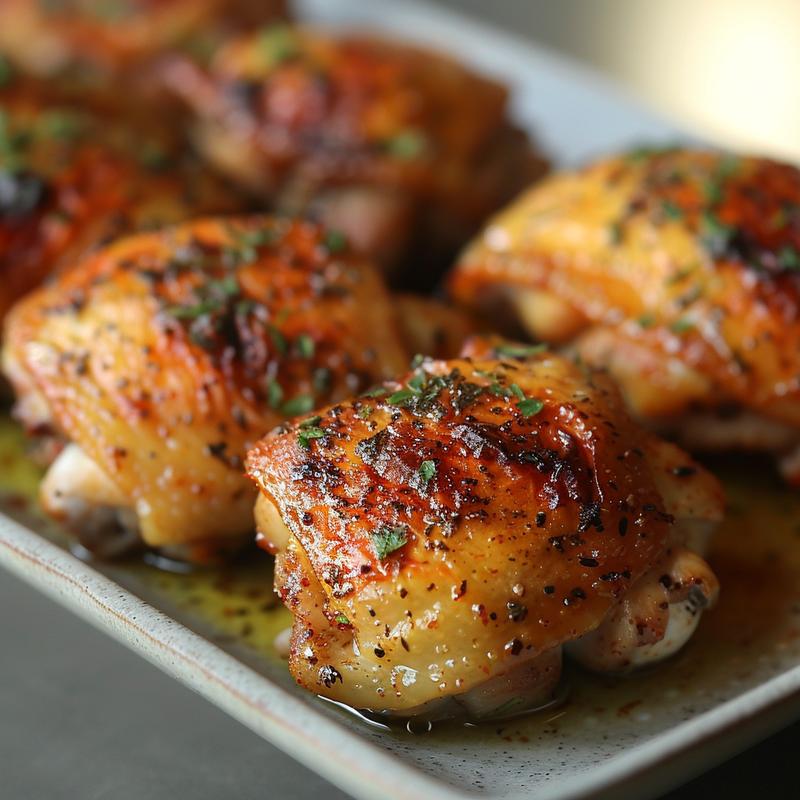 Close-up of seasoned, baked chicken thighs on a grey plate.