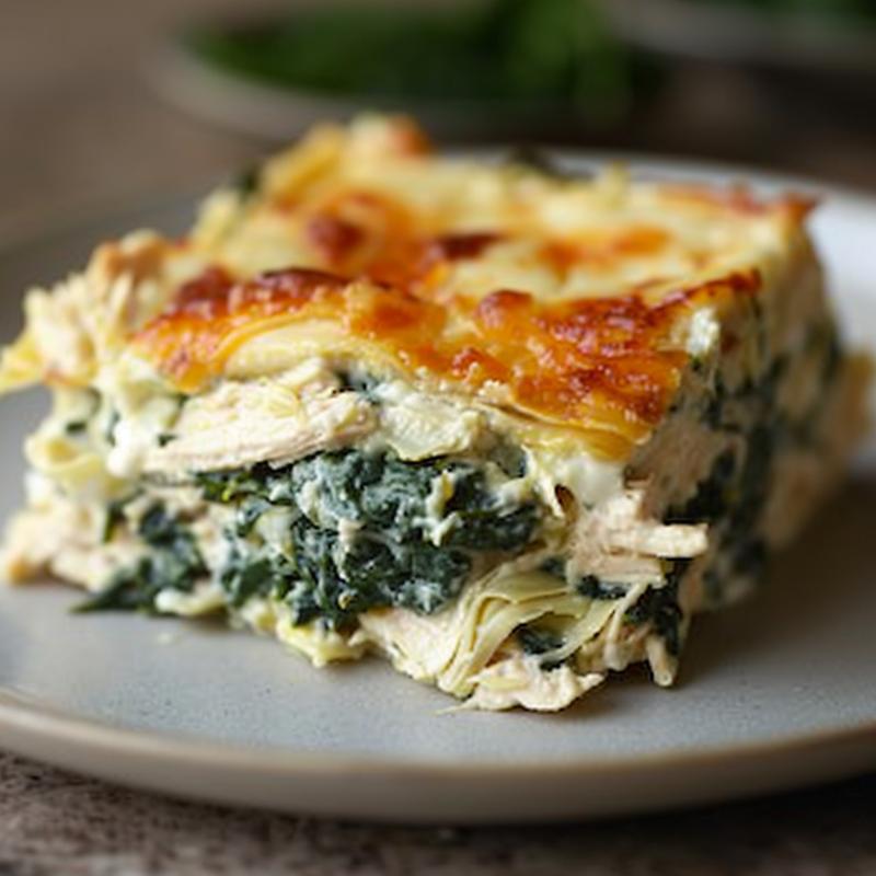 Close-up of creamy spinach artichoke chicken casserole on a gray plate.