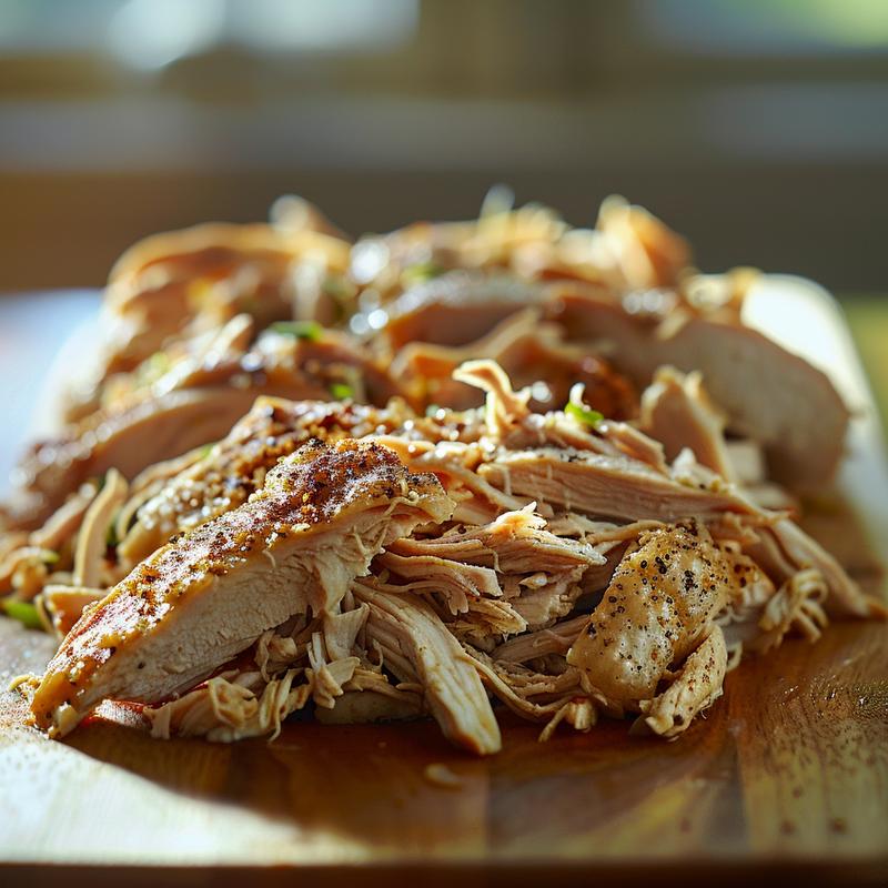 Close-up of shredded chicken on a light wood board.
