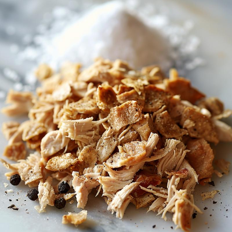 Close-up of shredded chicken on white marble.