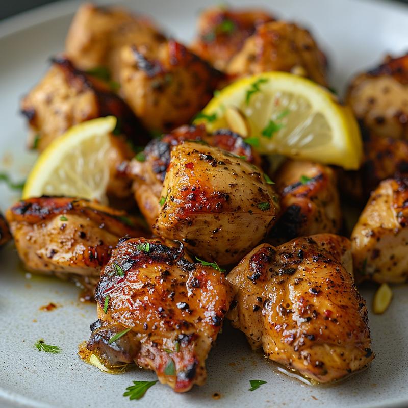 Close-up of yogurt-marinated chicken on a light grey plate.
