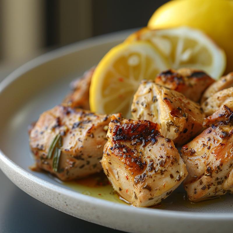 Close-up of marinated chicken pieces on a plate.