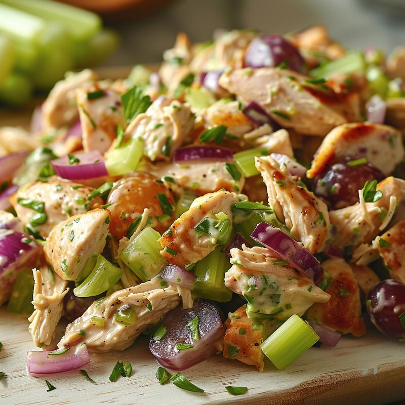 Close-up of creamy chicken salad with visible chicken, grapes, and celery on a light wood surface.