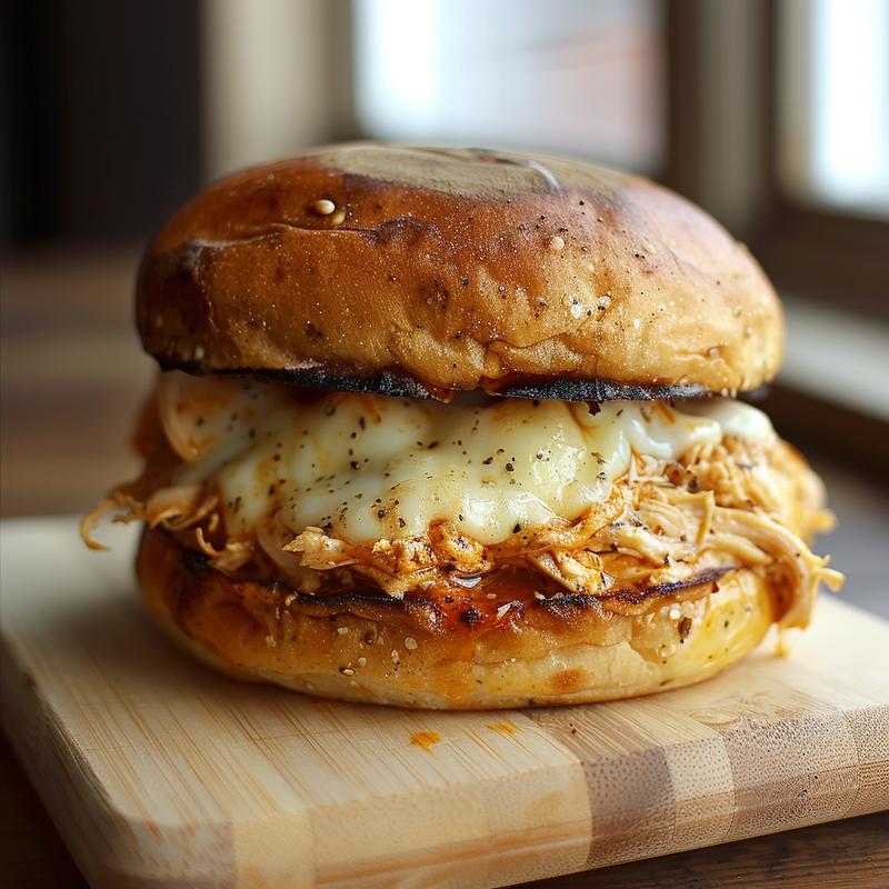 Close-up of an Ohio shredded chicken sandwich on a wooden board.