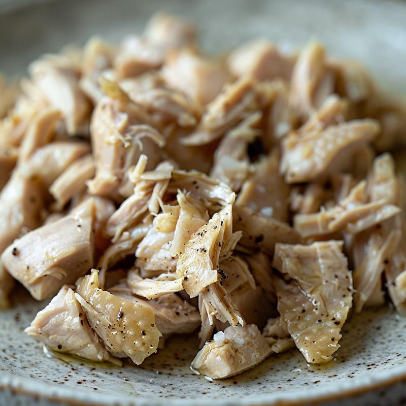 Close-up of shredded chicken on a light grey plate.