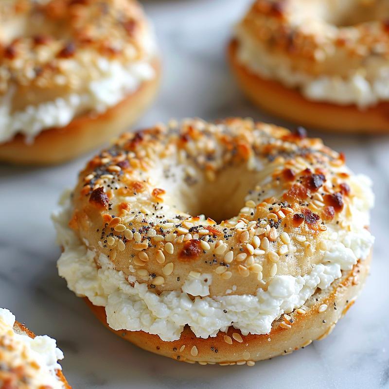 Close-up of almond flour cottage cheese bagels on white marble.