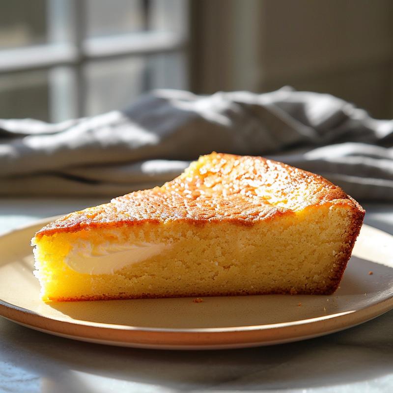 Close-up of a slice of keto yogurt cake on a light wood board.