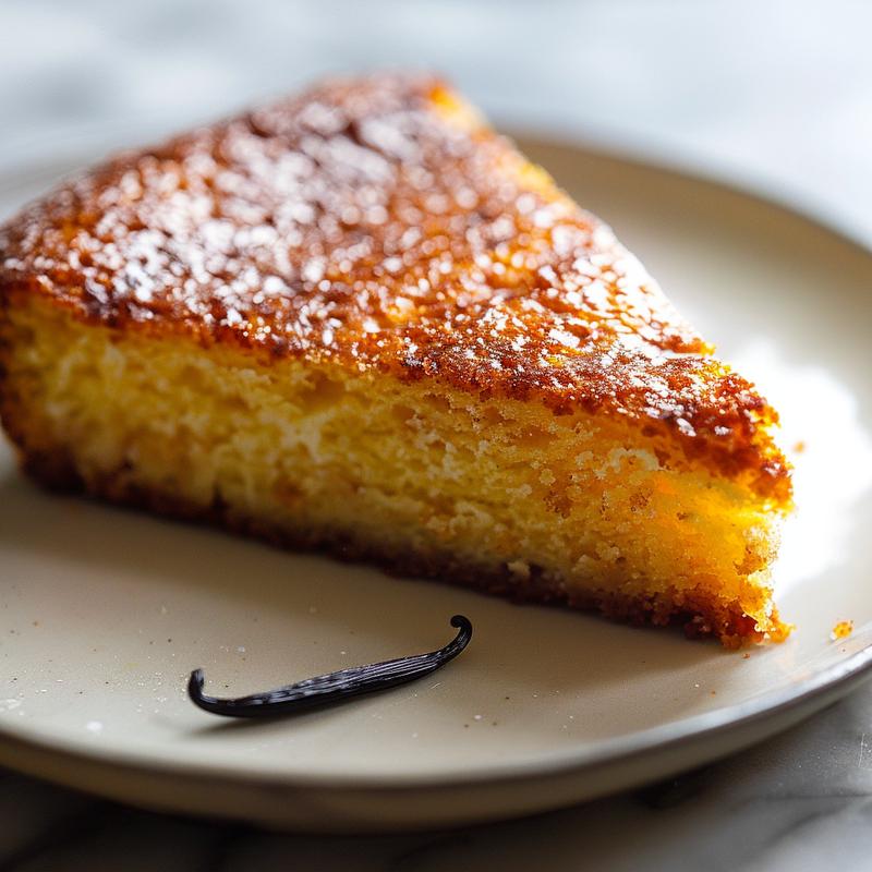 Close-up of a slice of flourless vanilla bean Greek yogurt cake.