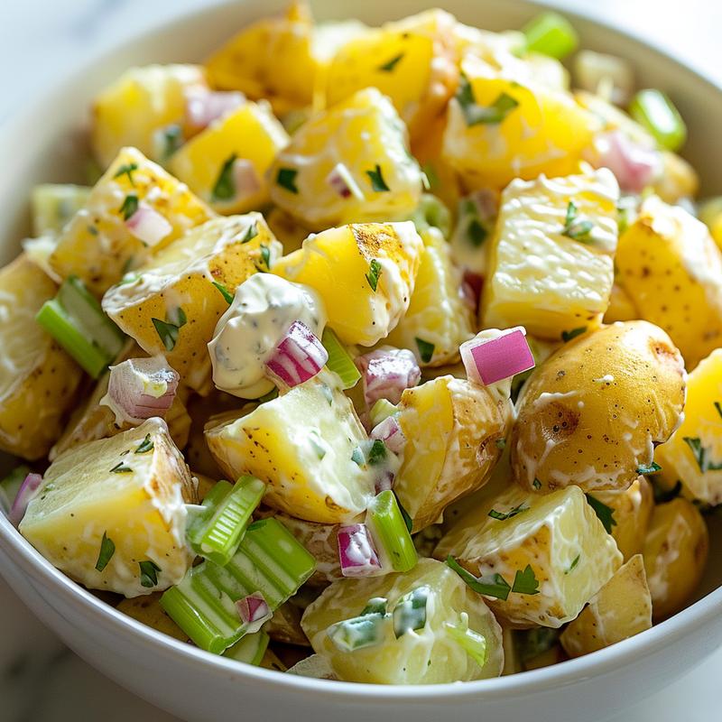 Close-up of Greek yogurt potato salad showing potatoes, yogurt, onion, and celery.