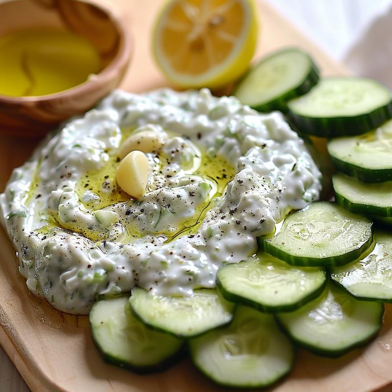 Close-up of creamy tzatziki sauce with visible cucumber and garlic.