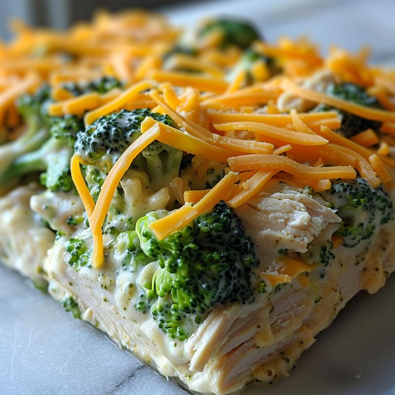 Close-up of creamy chicken and broccoli casserole.