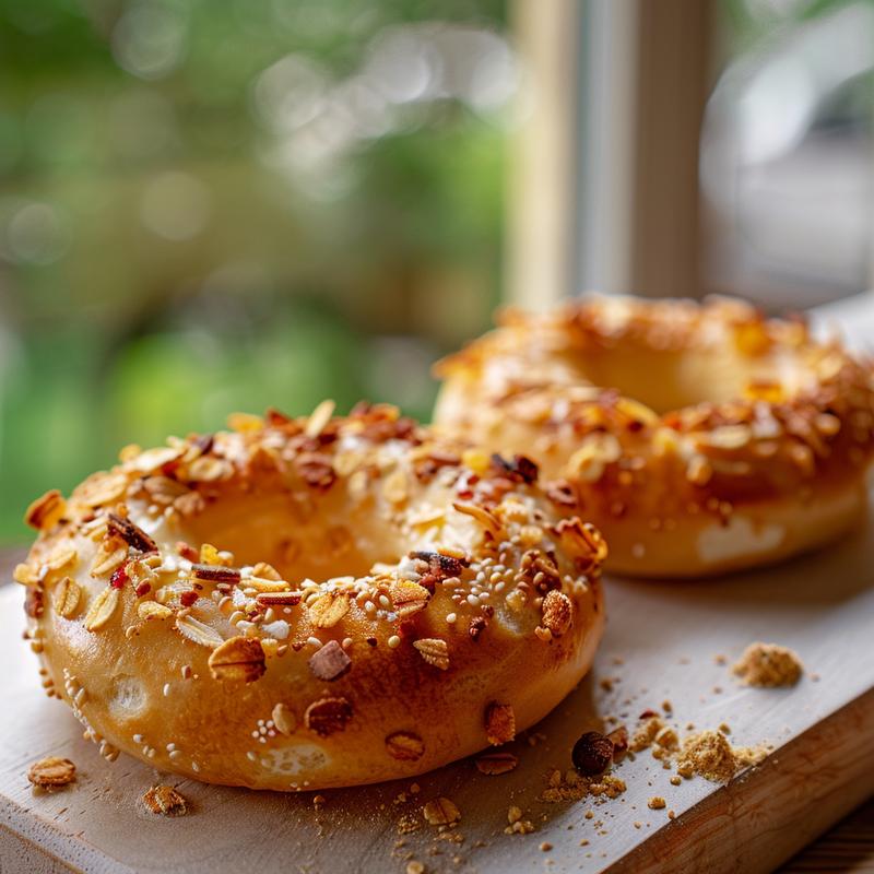 Close-up of a protein bagel on a light wood board.