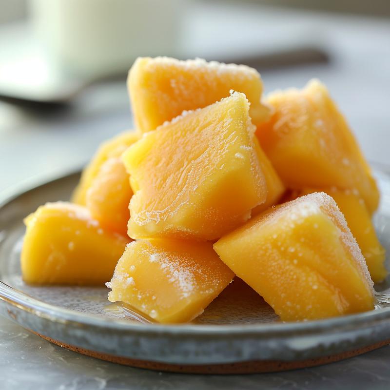 Close-up of a mango greek yogurt protein smoothie showing mango chunks.