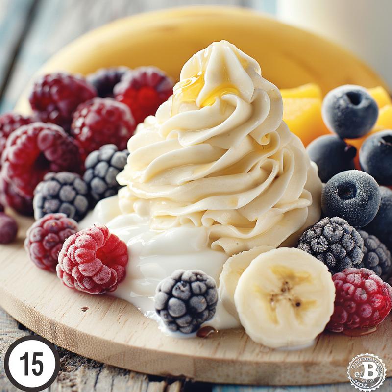 Close-up of a creamy Greek yogurt smoothie with visible fruit pieces on a light wood surface.