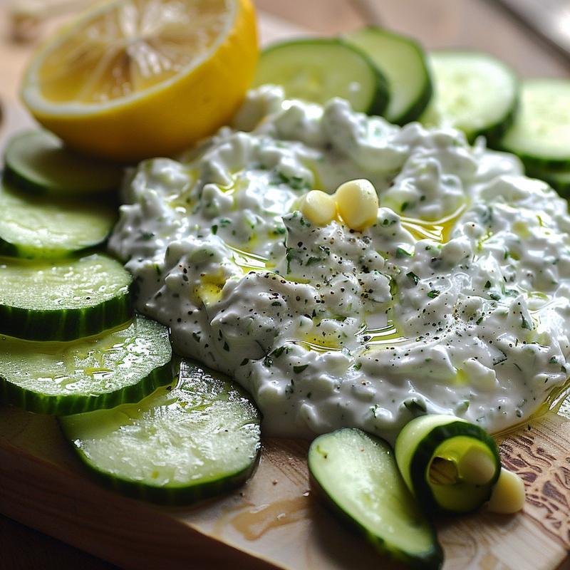 Close-up of creamy tzatziki sauce with cucumber and herbs.