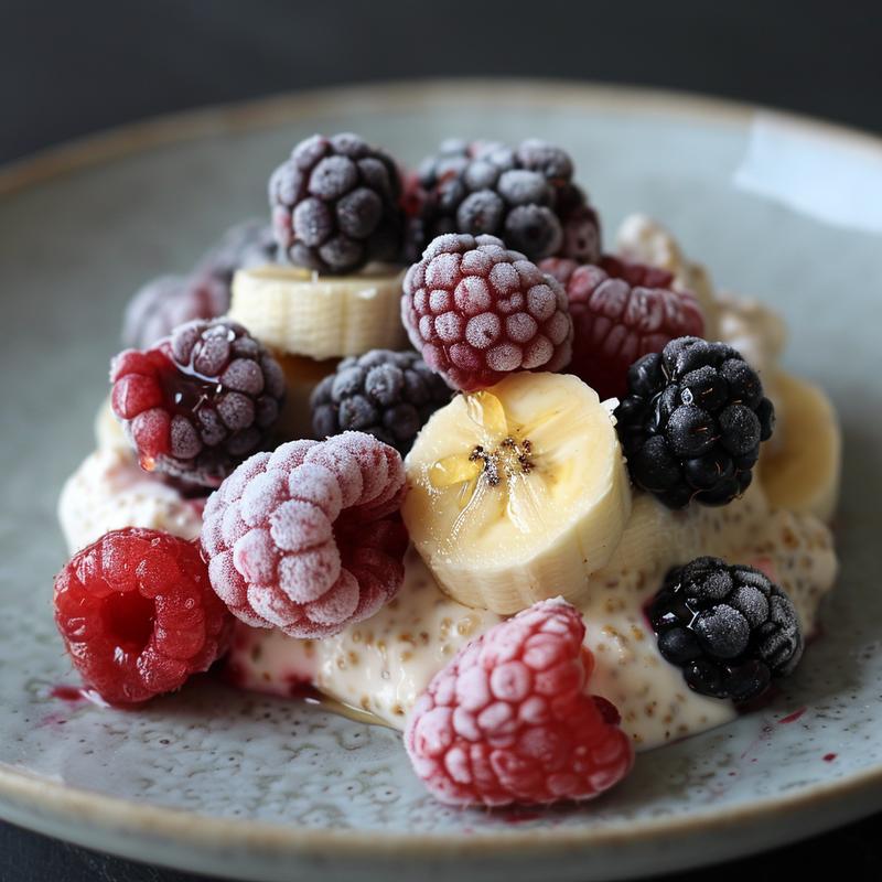 Close-up of berry burst with visible yogurt, berries, and minimalist presentation.