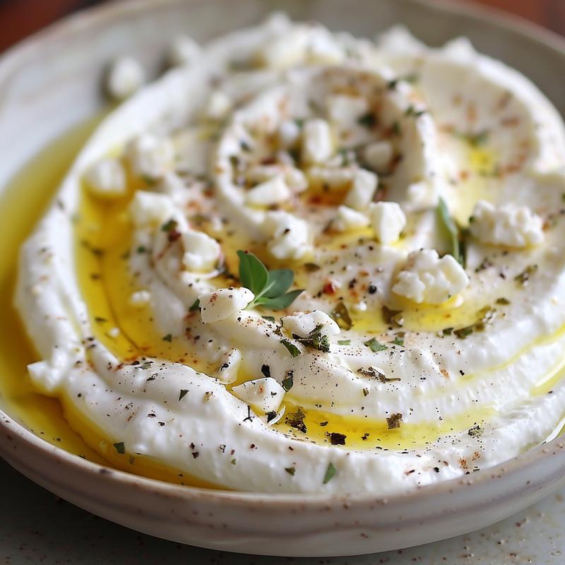 Close-up of savory garlic feta yogurt on a light grey plate.