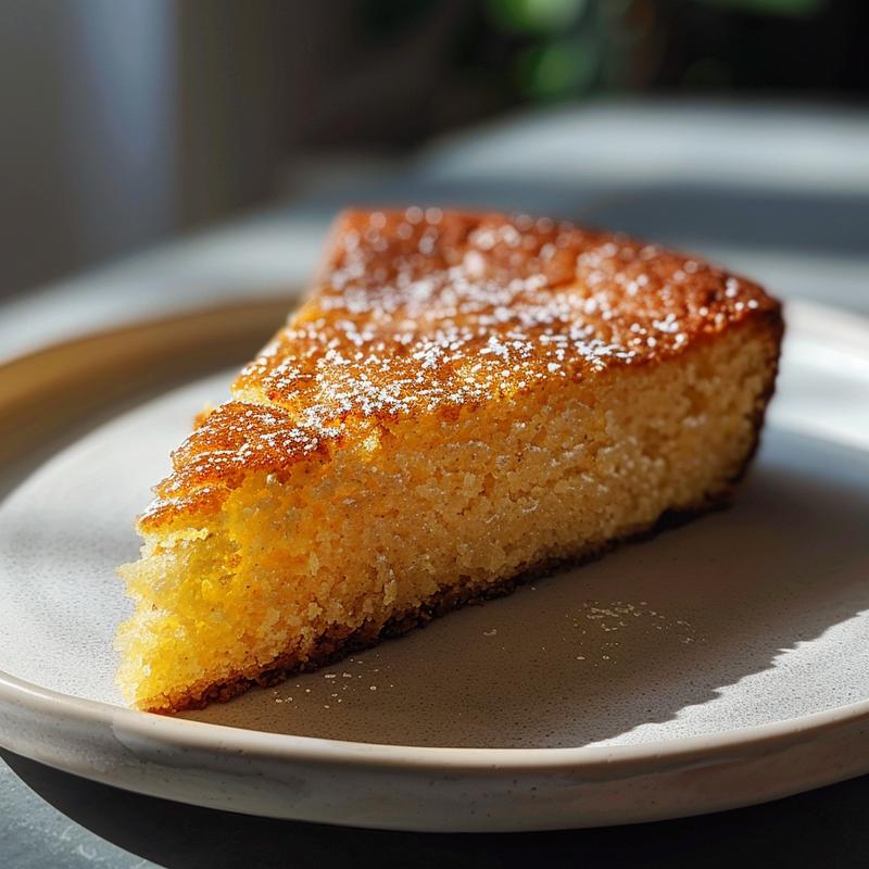 Close-up of a slice of lemon yogurt cake on a gray plate.