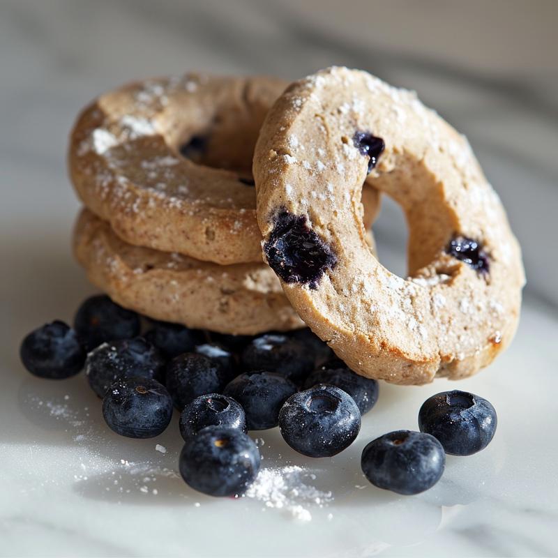 Close-up of a textured high protein blueberry bagel on a white marble surface.