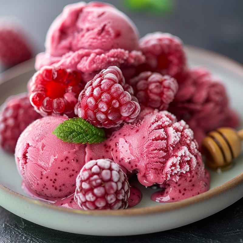 Close-up of raspberry frozen yogurt with visible raspberries on a light grey plate.