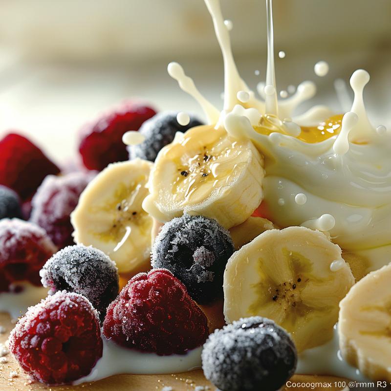 Extreme closeup of a Greek yogurt smoothie highlighting fruit and yogurt textures.