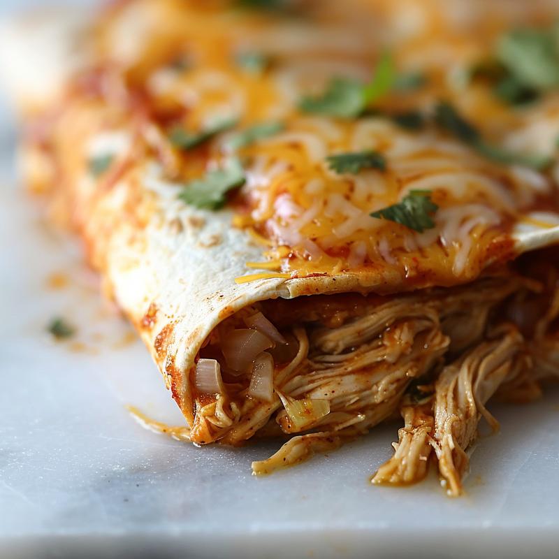 Close-up of chicken enchiladas with sauce and visible ingredients.