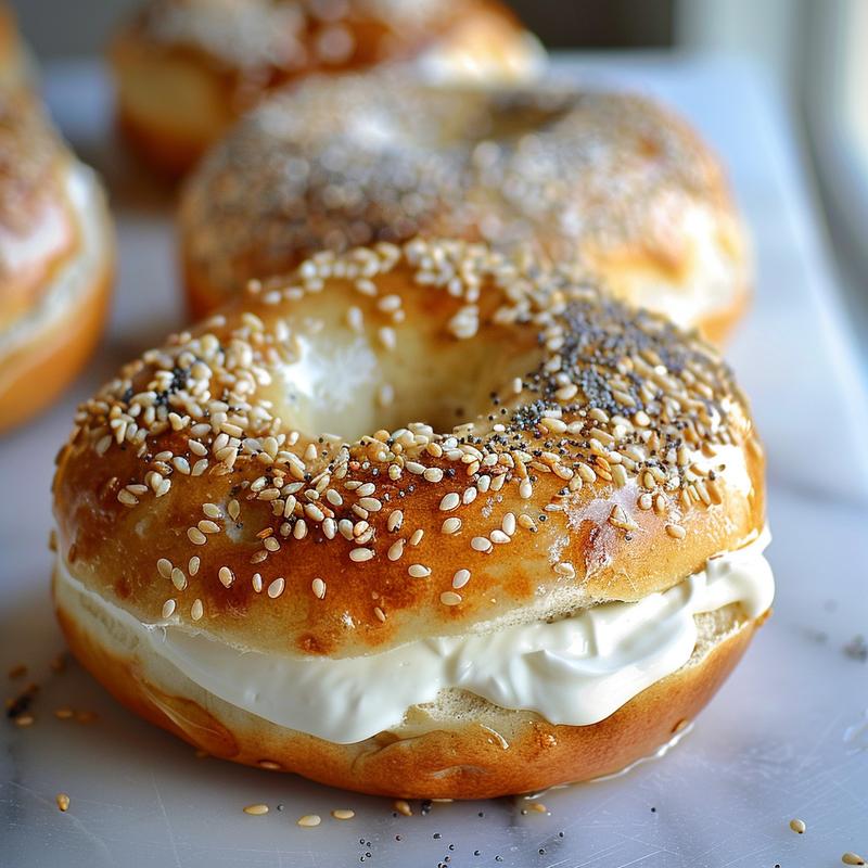 Close-up of a bagel topped with seeds on a marble surface.