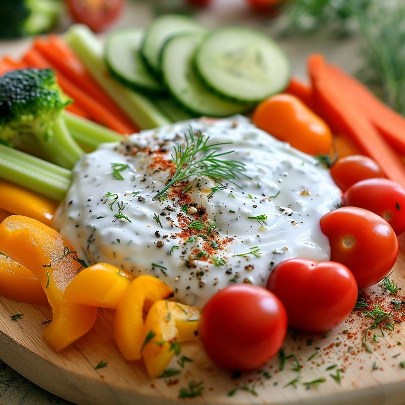 Close-up of Greek yogurt ranch dip surrounded by fresh vegetables.