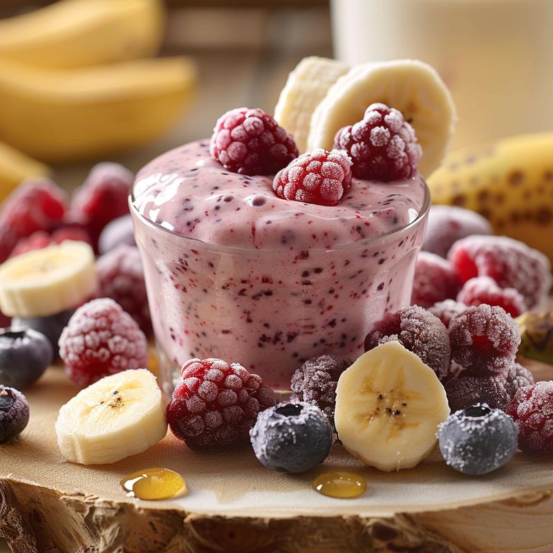 Close-up of a fruit smoothie with visible berries and banana.