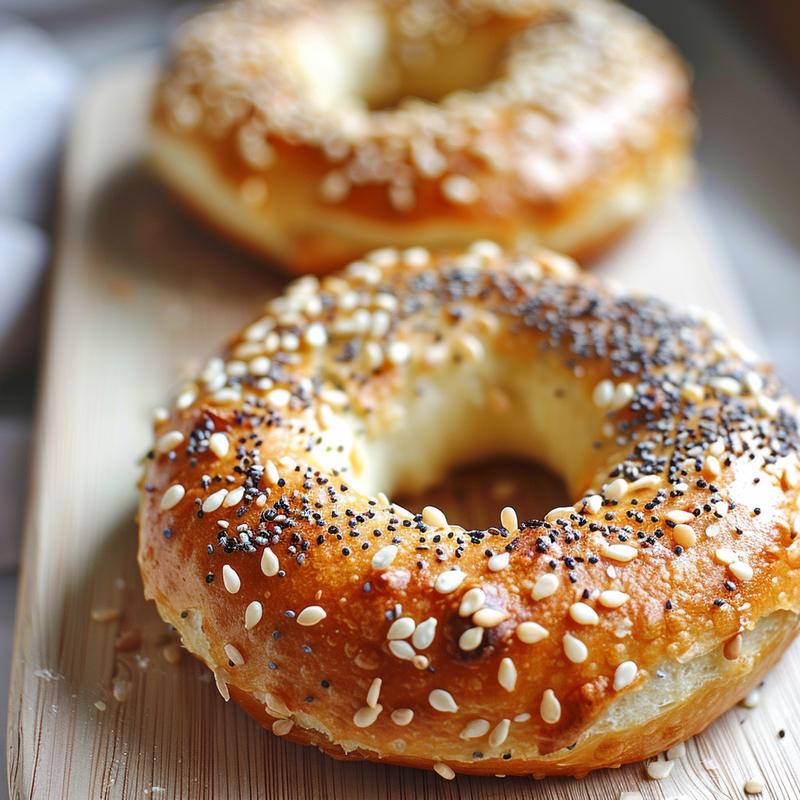 Close-up of a high-protein bagel with everything bagel seasoning on a wooden board.