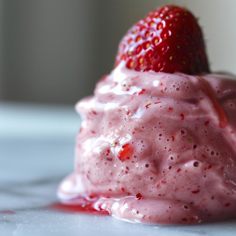 Close-up of a creamy pink strawberry smoothie.