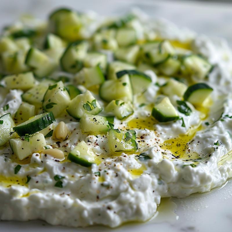 Close-up of creamy tzatziki with visible cucumber and garlic.