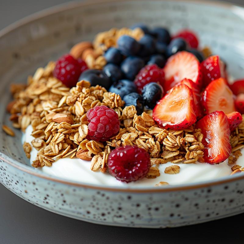 Close-up of yogurt granola bowl with berries.