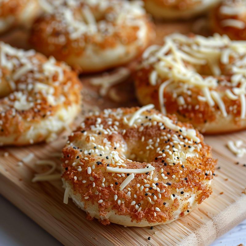 Close-up of air fryer bagels on a wooden board.