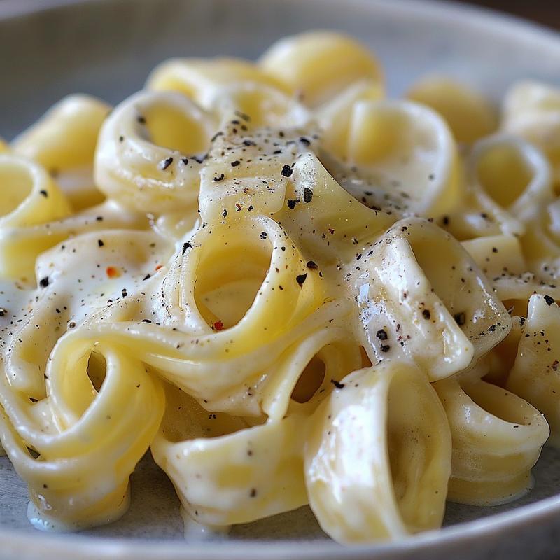 Close-up of creamy Greek yogurt pasta on a light grey plate.