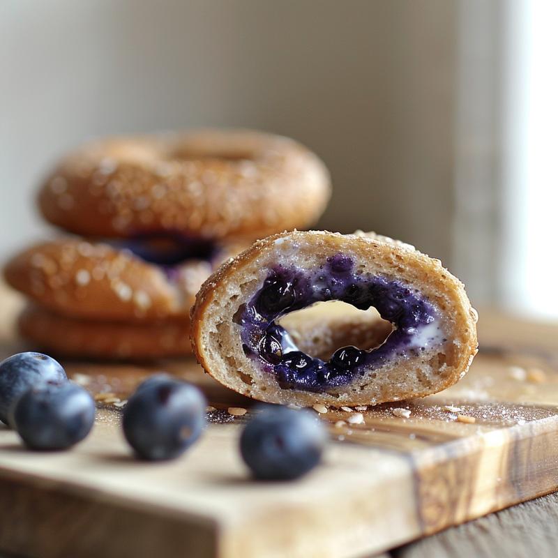 Close-up of three blueberry bagels on a light wooden surface.