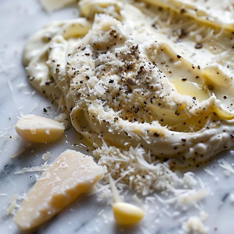 Creamy white sauce with visible cheese flecks on a marble surface.