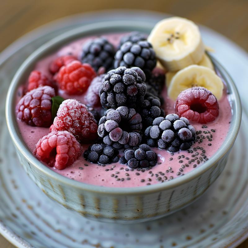 Close-up of a fruit smoothie with visible berries, banana, and spinach.