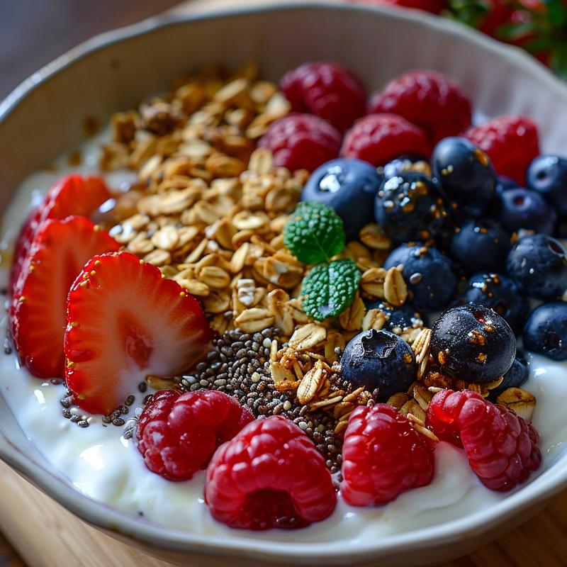 Close-up of a yogurt bowl with berries, granola, honey, and nuts on a wood surface.