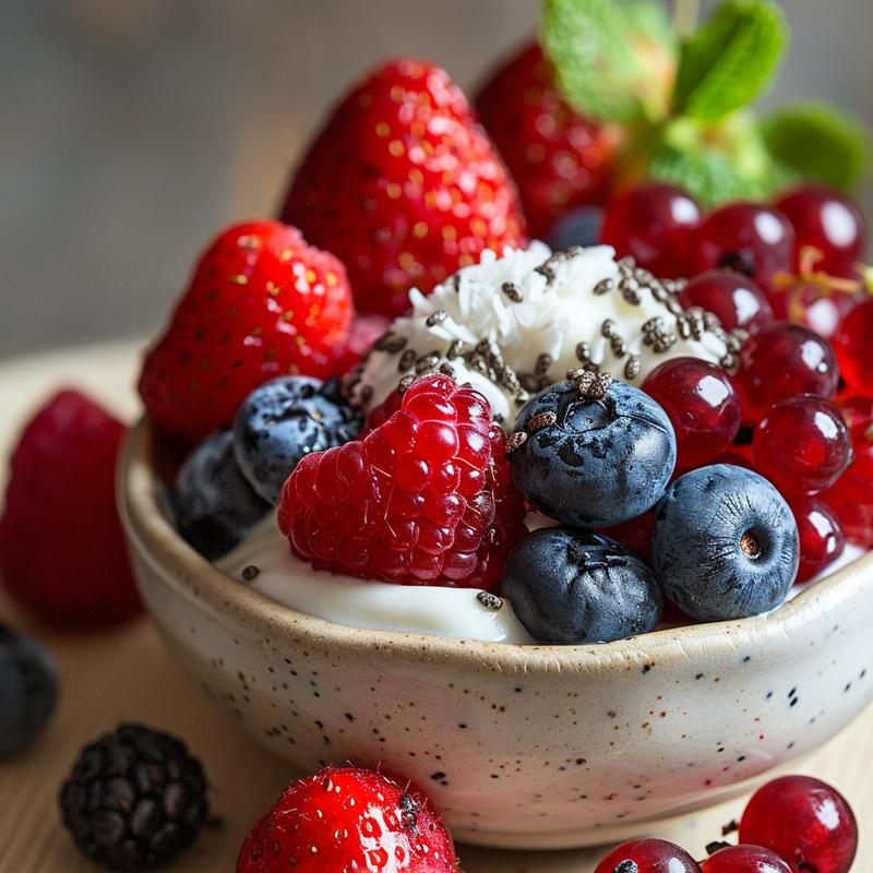 Close-up of a keto yogurt berry bowl with visible berries, seeds, and coconut.